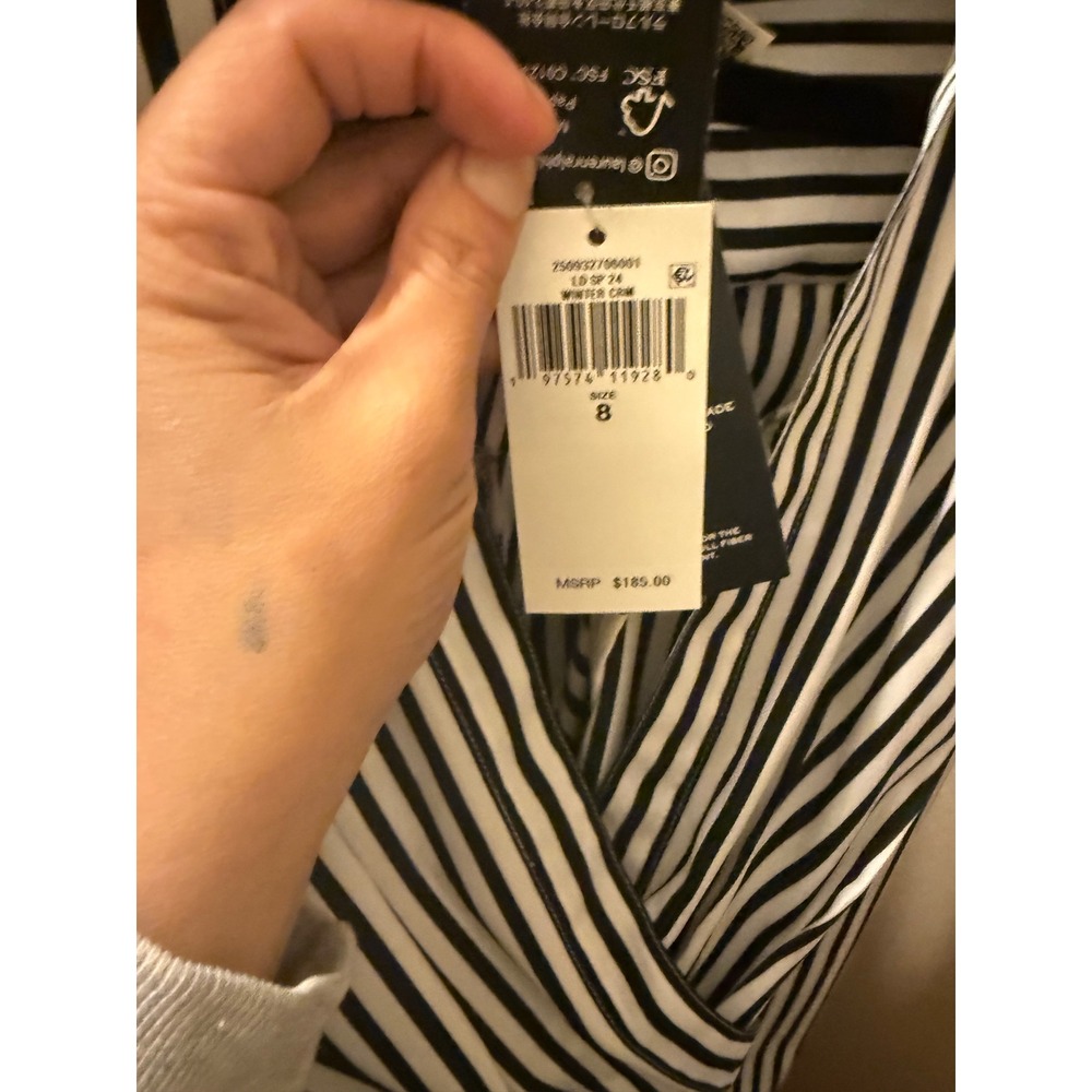 Lauren Ralph Lauren Black White Striped Long Sleeve Wrap Midi Dress Collared - Picture 4 of 4